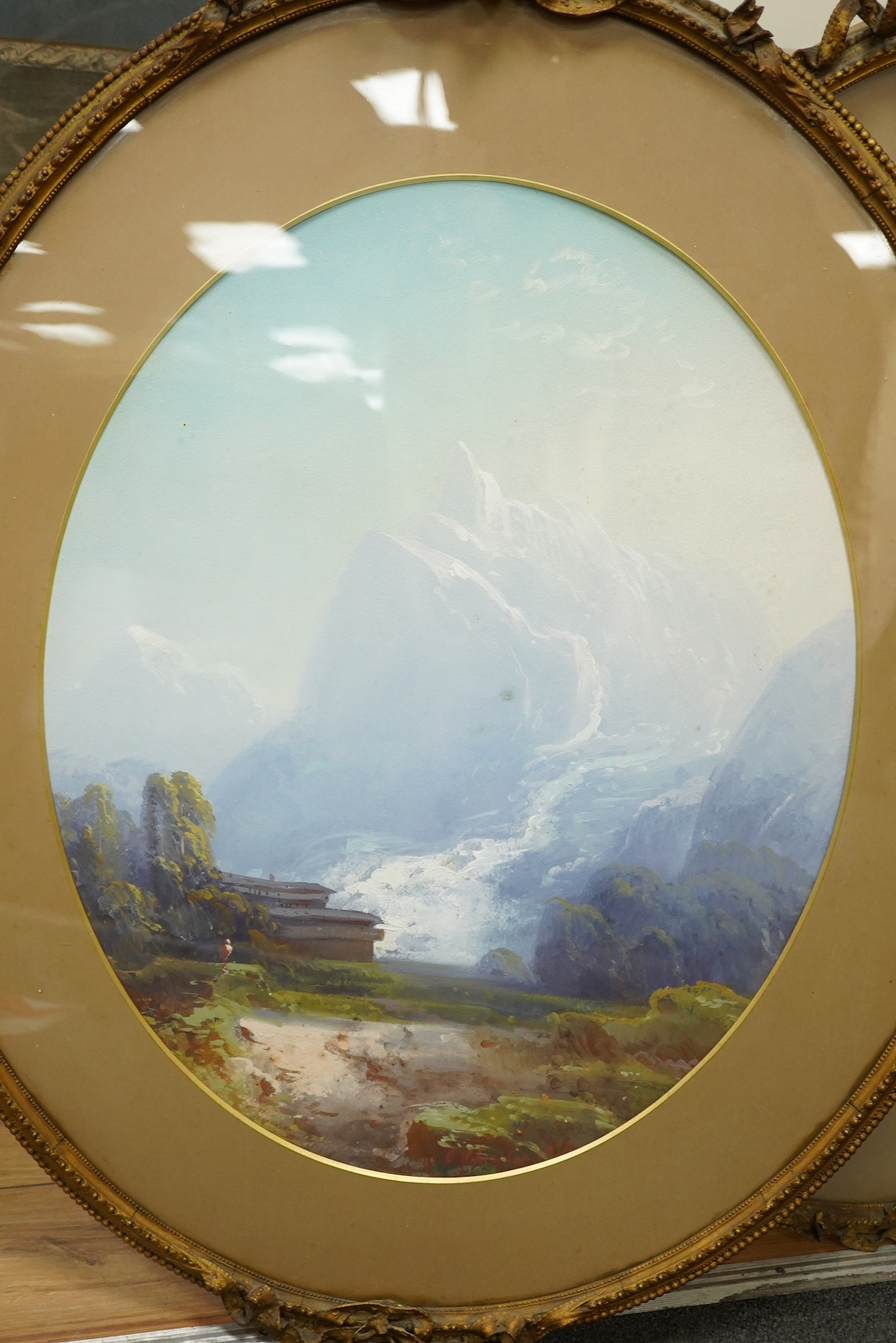 C. Schreiber, pair of oval gouaches, Continental mountainous landscapes, signed, gilt framed. Condition - fair